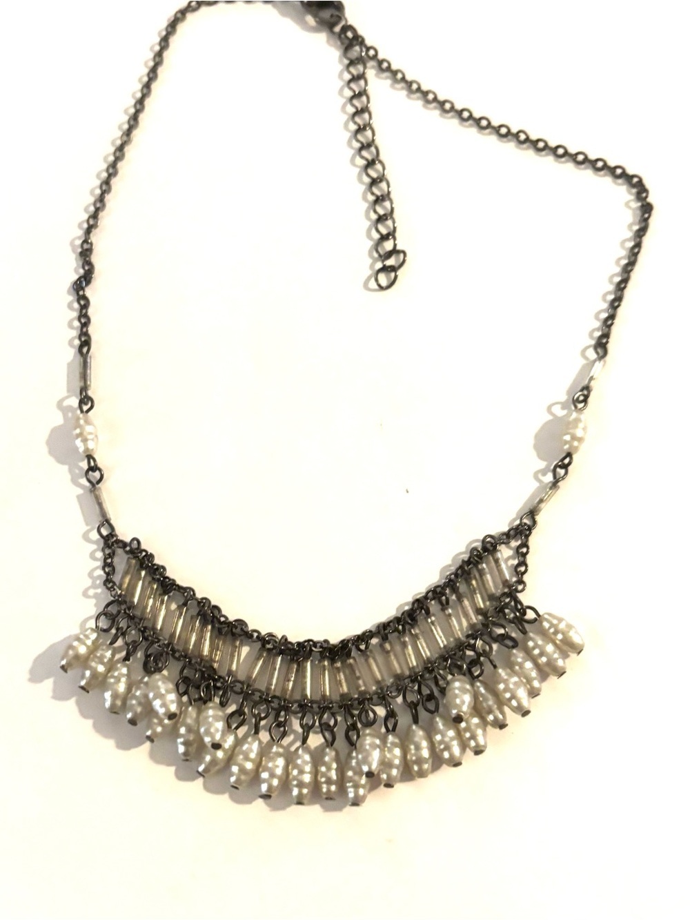 Vintage White Pearl Fringe Necklace with Gunmetal Chain